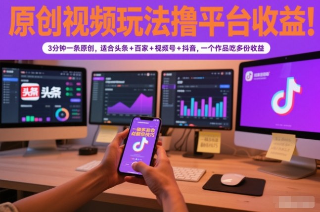 原创视频玩法撸平台收益，3分钟一条原创，适合头条+百家+视频号+抖音，一个作品吃多份收益-站源网