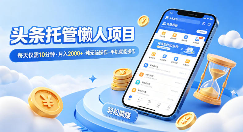 头条托管懒人项目,每天仅需10分钟,月入2000+,纯无脑操作,手机就能操作【揭秘】 头条托管懒人项目,每天仅需10分钟,月入2000+,纯无脑操作,手机就能操作【揭秘】