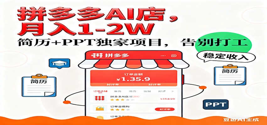 【独家】拼多多虚拟店,AI简历+PPT,单店月稳定1-2W,未来AI服务风口项目! 【独家】拼多多虚拟店,AI简历+PPT,单店月稳定1-2W,未来AI服务风口项目!