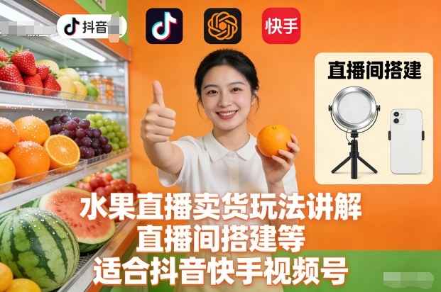 水果直播卖货玩法讲解、直播间搭建等，适合抖音快手视频号-站源网