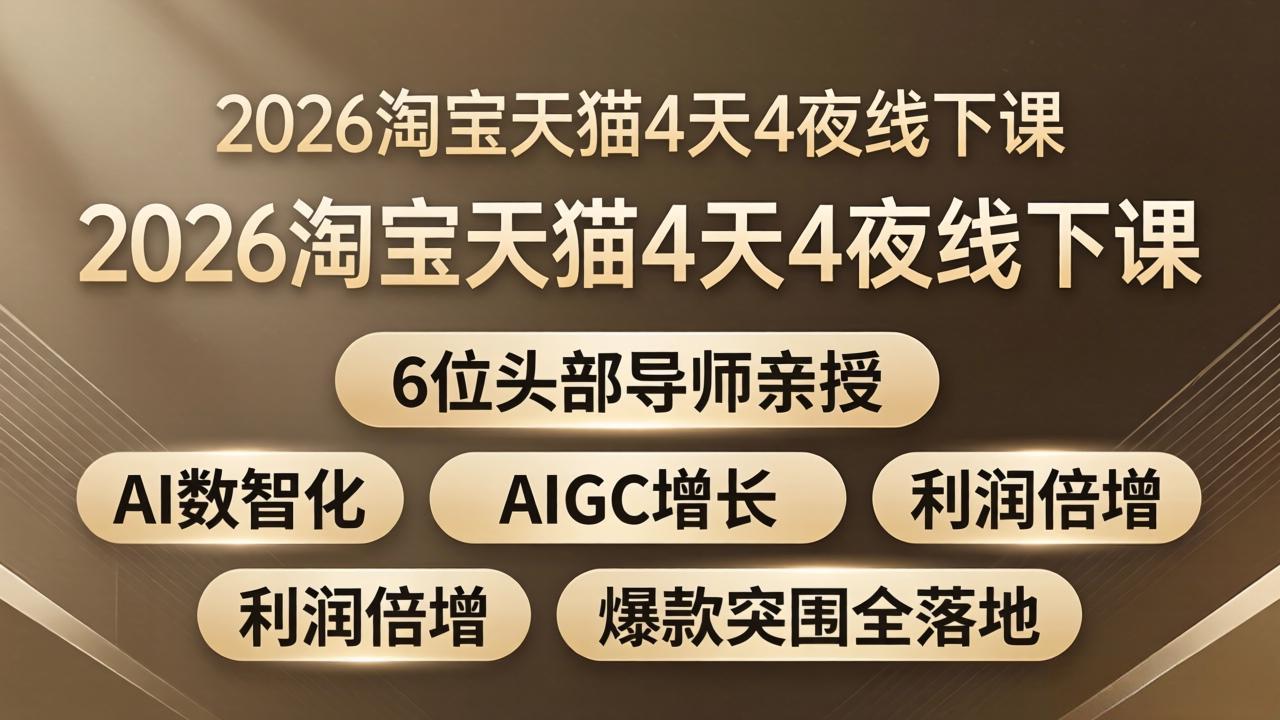 2026淘宝天猫4天4夜线下课:6位头部导师亲授,AI数智化+AIGC增长+利润倍增+爆款突围全落地 2026淘宝天猫4天4夜线下课:6位头部导师亲授,AI数智化+AIGC增长+利润倍增+爆款突围全落地