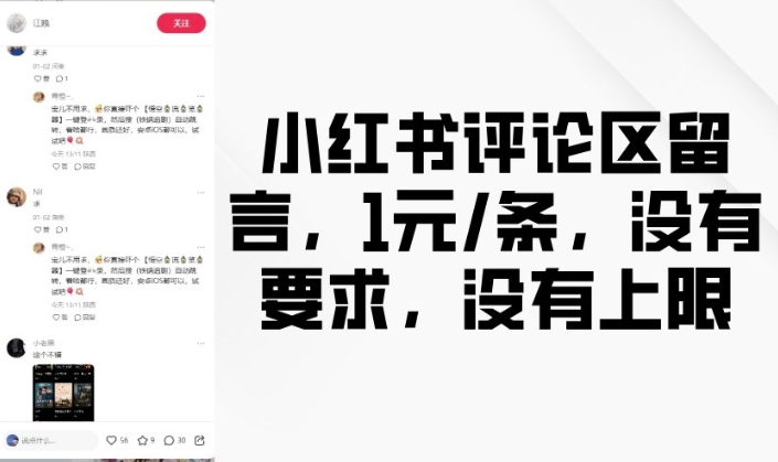 小红书评论区留言，1元条，没有要求，没有上限-站源网