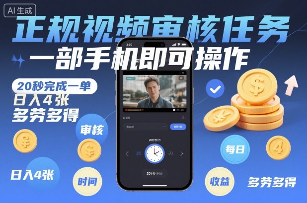 正规视频审核任务，一部手机即可操作，20秒完成一单，日入4张，多劳多得【揭秘】-站源网