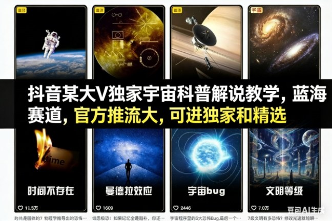 抖音某大V独家宇宙科普解说教学，蓝海赛道，官方推流大，可进独家和精选-站源网