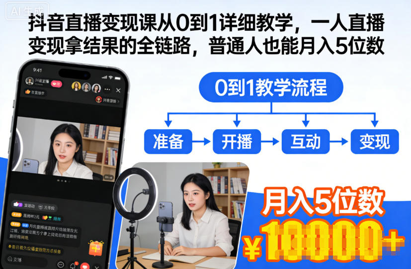 抖音直播变现课从0到1详细教学，一人直播变现拿结果的全链路，普通人也能月入5位数-站源网