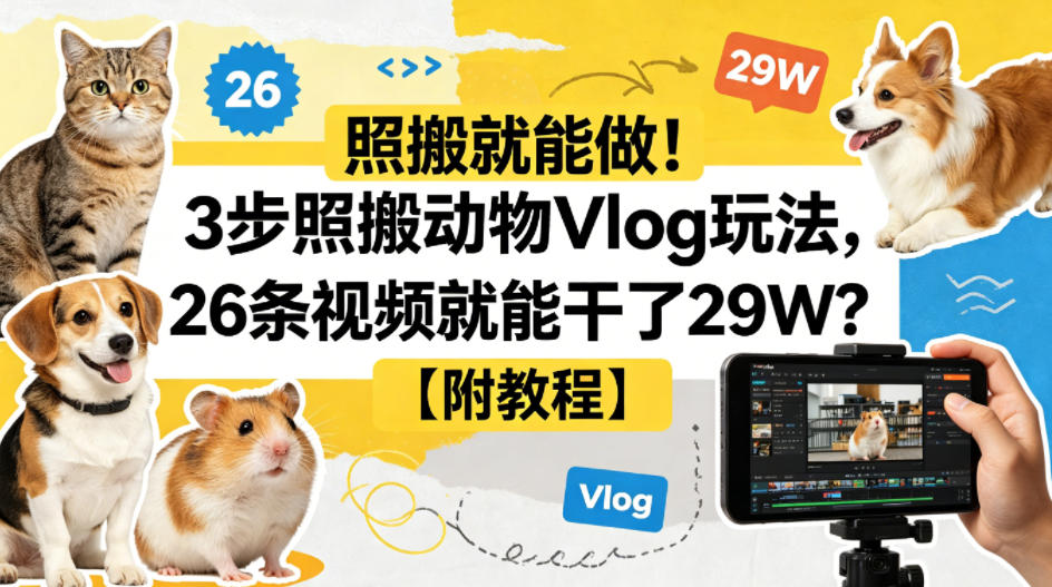 照搬就能做！3步照搬动物Vlog玩法，26条视频就能干了29W？【附教程】【赠coze一键生成工作流】