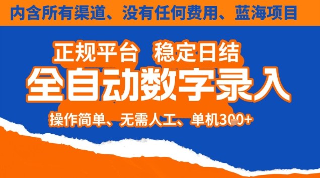 全自动数字录入，单机日入3张+，内含所有渠道全程免费零成本，操作简单可矩阵开干【揭秘】-站源网