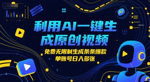利用AI一键生成原创视频，免费无限制生成条条爆款，单账号日入多张