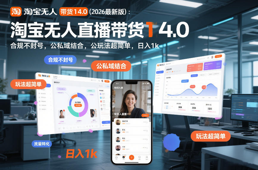 淘宝无人直播带货14.0(2026最新版):合规不封号,公私域结合,玩法超简单,日入1k+【揭秘】 淘宝无人直播带货14.0(2026最新版):合规不封号,公私域结合,玩法超简单,日入1k+【揭秘】